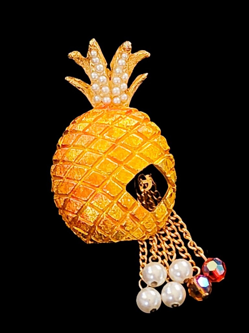 Vintage 1960s Gold-Tone Pineapple Brooch with Faux Pearl Dangle Vibrant Fresh